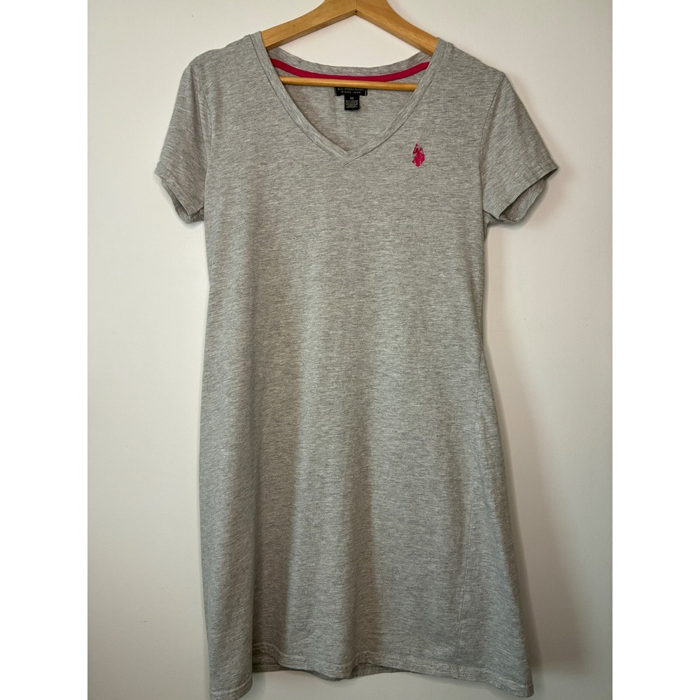 US Polo Assn Womens Gray V-Neck Pajama Nightgown T-Shirt Pink Logo M 215635ZK